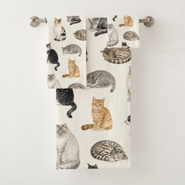 Cute Watercolor Cat Breeds Pattern Bath Towel Set (Insitu)