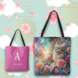 Cute Watercolor Cat Floral Fantasy Personalised Tote Bag