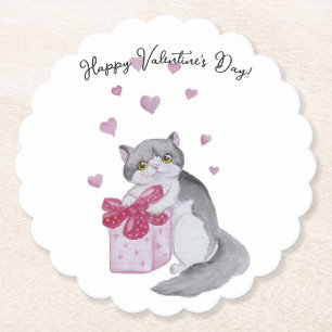 Cute watercolor cat for Valentine's day Paper Coaster