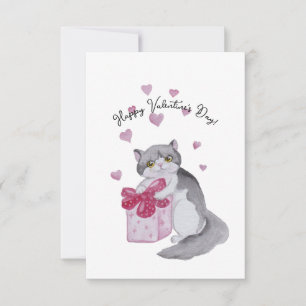 Cute watercolor cat for valentine's day thank you card