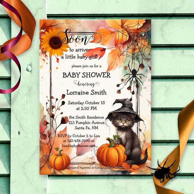 Cute Watercolor Cat Halloween Baby Shower Invitation (A cute baby shower invitation featuring a kitty with pumpkin and a witch hat in lovely watercolor )