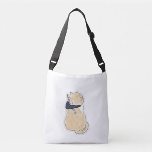 Cute Watercolor Cat Holding Fish Vinyl Sticker Crossbody Bag