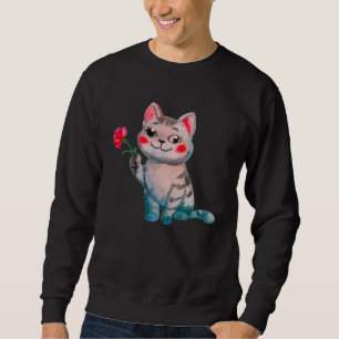Cute Watercolor Cat Holding Red Carnation Birth Fl Sweatshirt