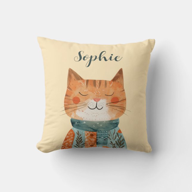 Cute Watercolor Cat Illustration Nursery Name Cushion (Front)