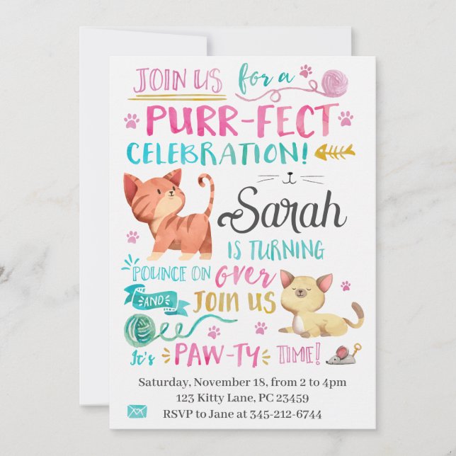 Cute Watercolor Cat Invite  (Front)