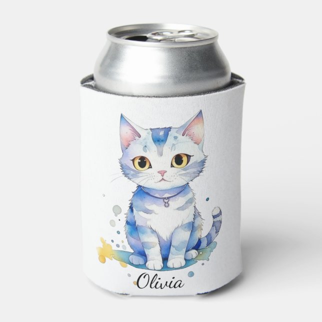 Cute watercolor cat (kitten) design can cooler (Can Front)