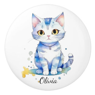 Cute watercolor cat (kitten) design ceramic knob