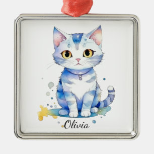 Cute watercolor cat (kitten) design metal ornament