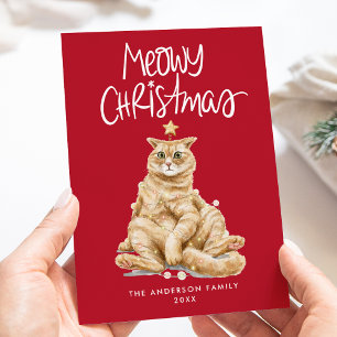 Cute Watercolor Cat Meowy Christmas Non-Photo Holiday Card
