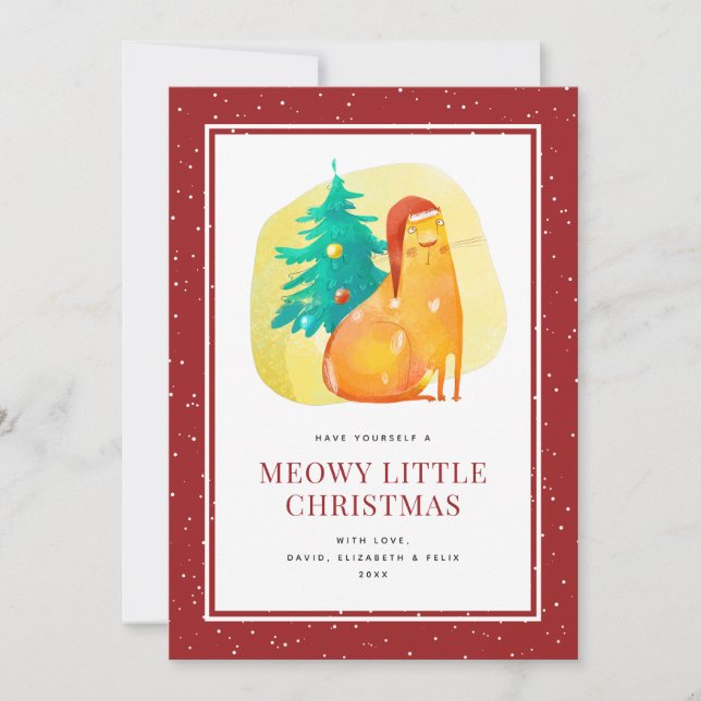 Cute Watercolor Cat Red Meowy Christmas Card (Front)