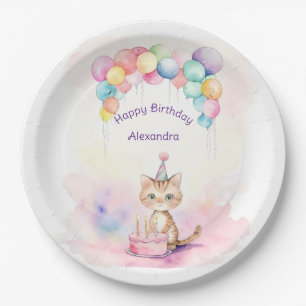 Cute Watercolor Cat with Birthday Cake and Balloon Paper Plate