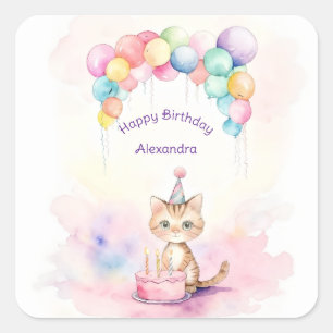 Cute Watercolor Cat with Birthday Cake and Balloon Square Sticker