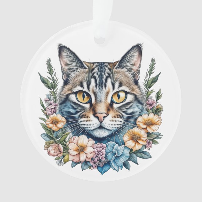 Cute Watercolor Cat with Flowers Christmas Ornament (Front)