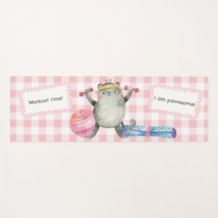 Cute Watercolor Cat Workout Pink Gingham Fitness Yoga Mat
