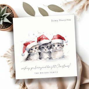 Cute Watercolor Cats Furry and Bright Christmas Holiday Card