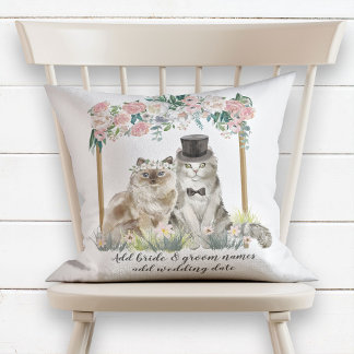 Cute Watercolor Cats Just Married Wedding Keepsake Cushion