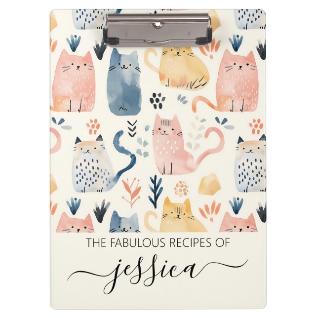 Cute watercolor cats script name recipe clipboard (Front)
