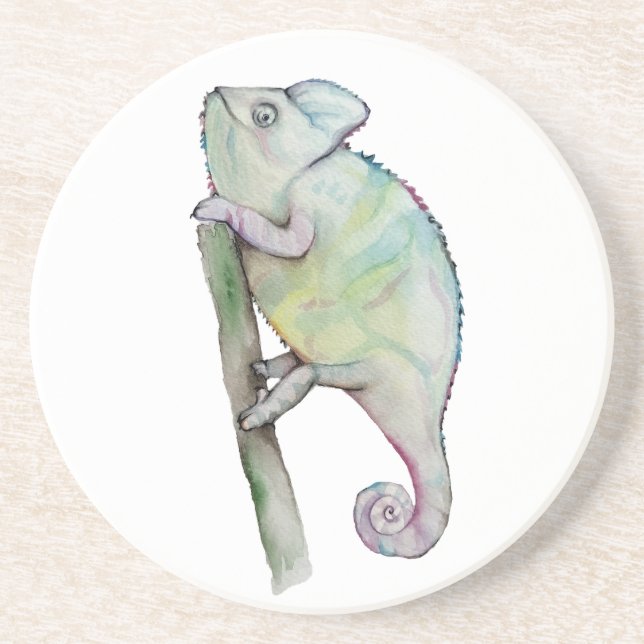 Cute watercolor chameleon coaster (Front)