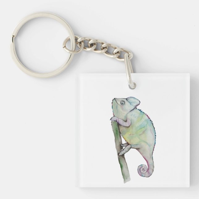 Cute watercolor chameleon key ring (Front)