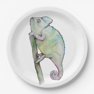 Cute watercolor chameleon paper plate