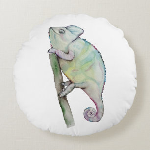 Cute watercolor chameleon round cushion