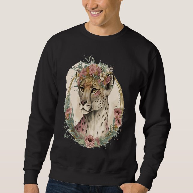 Cute Watercolor Cheetah Flower Crown Safari Animal Sweatshirt (Front)