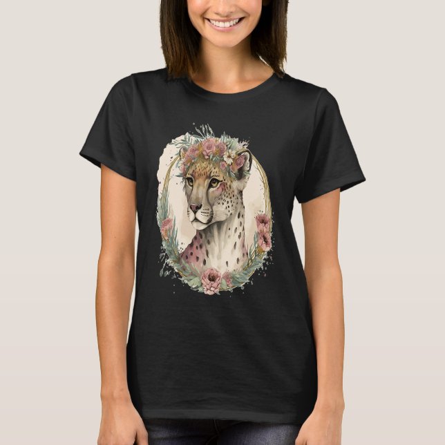 Cute Watercolor Cheetah Flower Crown Safari Animal T-Shirt (Front)