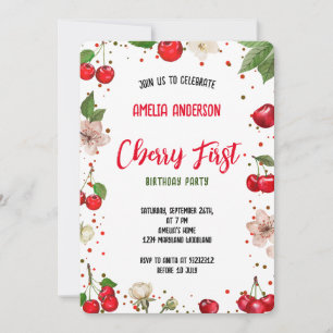 Cute watercolor Cherry 1st Birthday Party Invitation