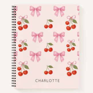 Cute Watercolor Cherry Bow Coquette Pattern Notebook