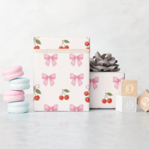 Cute Watercolor Cherry Bow Coquette Pattern Wrapping Paper