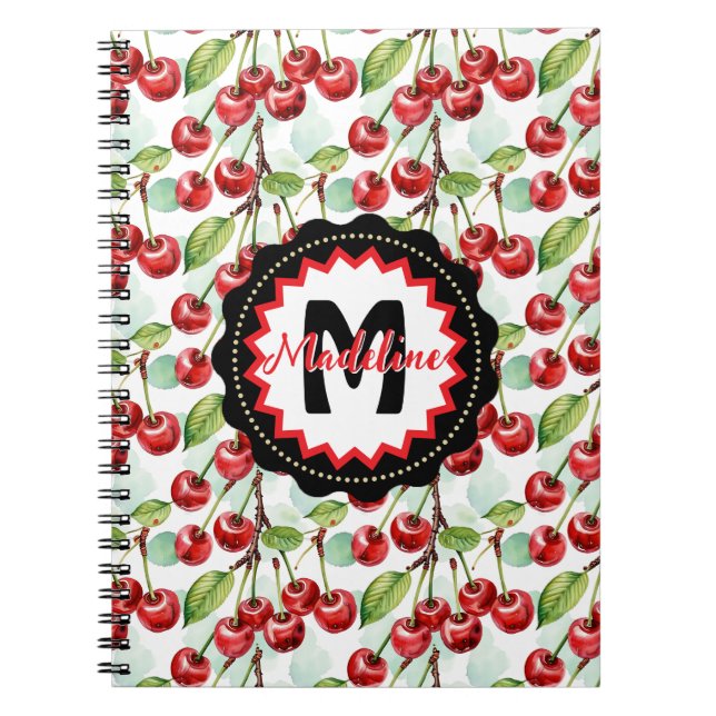 Cute Watercolor Cherry Pattern Personalised Notebook (Front)