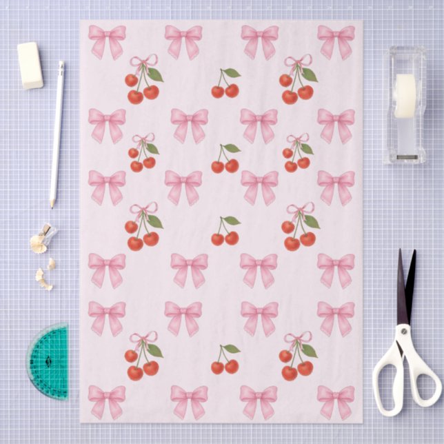 Cute Watercolor Cherry Pink Bow Coquette Gift Tissue Paper (Craft)