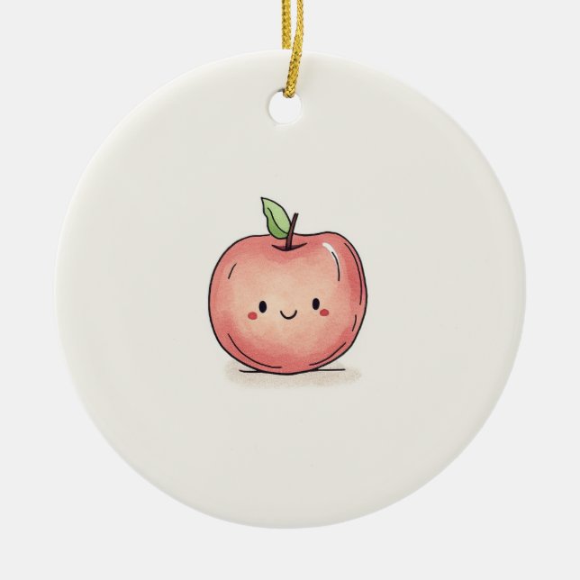 Cute Watercolor Chibi Apple Ceramic Ornament (Front)