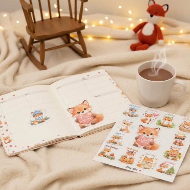 Cute Watercolor Chibi Red Fox Monthly Milestone  (Monthly Milestone red Fox Stickers )