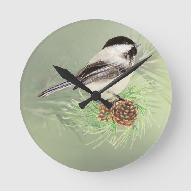 Cute Watercolor Chickadee Bird in Pine Tree Round Clock (Front)