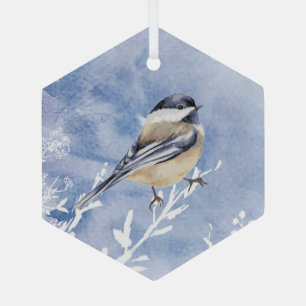 Cute Watercolor Chickadee Bird Painting Art Glass Tree Decoration
