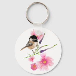 Cute Watercolor Chickadee Flower Art Key Ring
