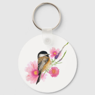 Cute Watercolor Chickadee Flowers Art Key Ring