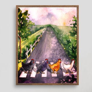 Cute Watercolor Chickens Crossing Road Farm Humour Poster