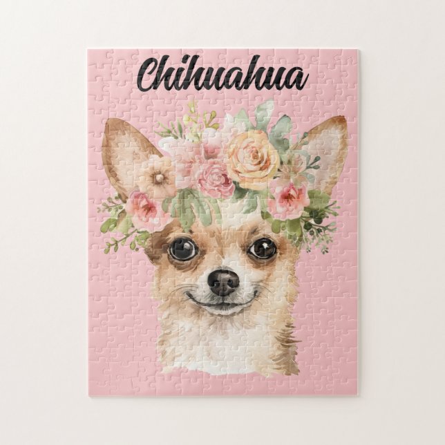 Cute Watercolor Chihuahua Dog/Flowers Jigsaw Puzzle (Vertical)