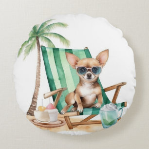 CUTE WATERCOLOR CHIHUAHUA DOG ON THE BEACH ROUND CUSHION