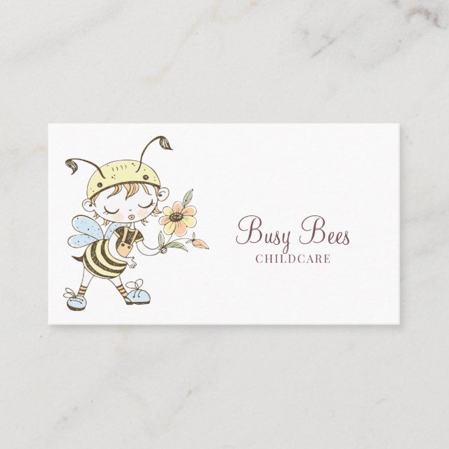 Cute Watercolor Childcare Busy Bee Character  Business Card (Front)