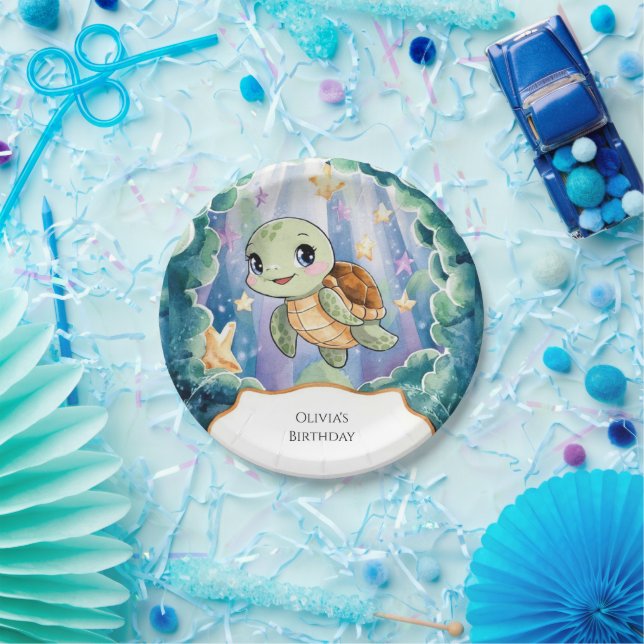 Cute Watercolor Children's Turtle Birthday Paper Plate (Party)