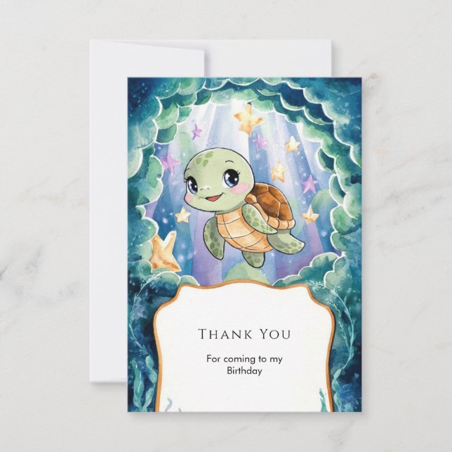 Cute Watercolor Children's Turtle Birthday Thank You Card (Front)