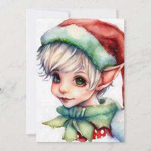 Cute Watercolor Christmas Elf in a Santa Hat Holiday Card
