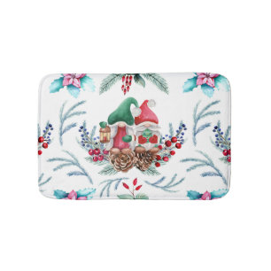 Cute Watercolor Christmas Gnomes Bath Mat