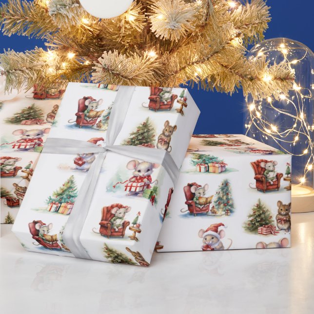 Cute Watercolor Christmas Mice Wrapping Paper (Holidays)
