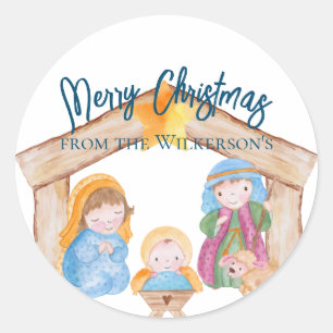 Cute Watercolor Christmas Nativity Scene Classic Round Sticker