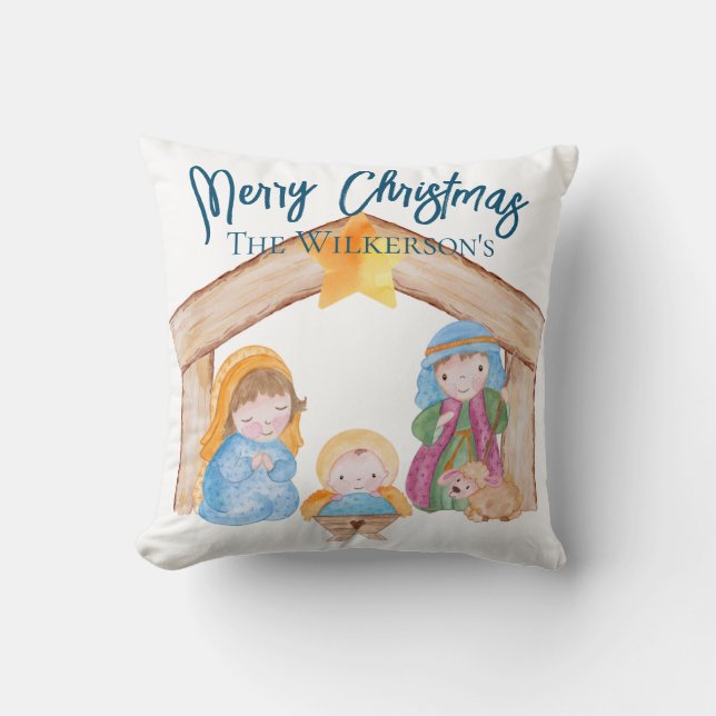 Cute Watercolor Christmas Nativity Scene Cushion (Front)