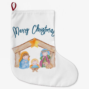 Cute Watercolor Christmas Nativity Scene Large Christmas Stocking